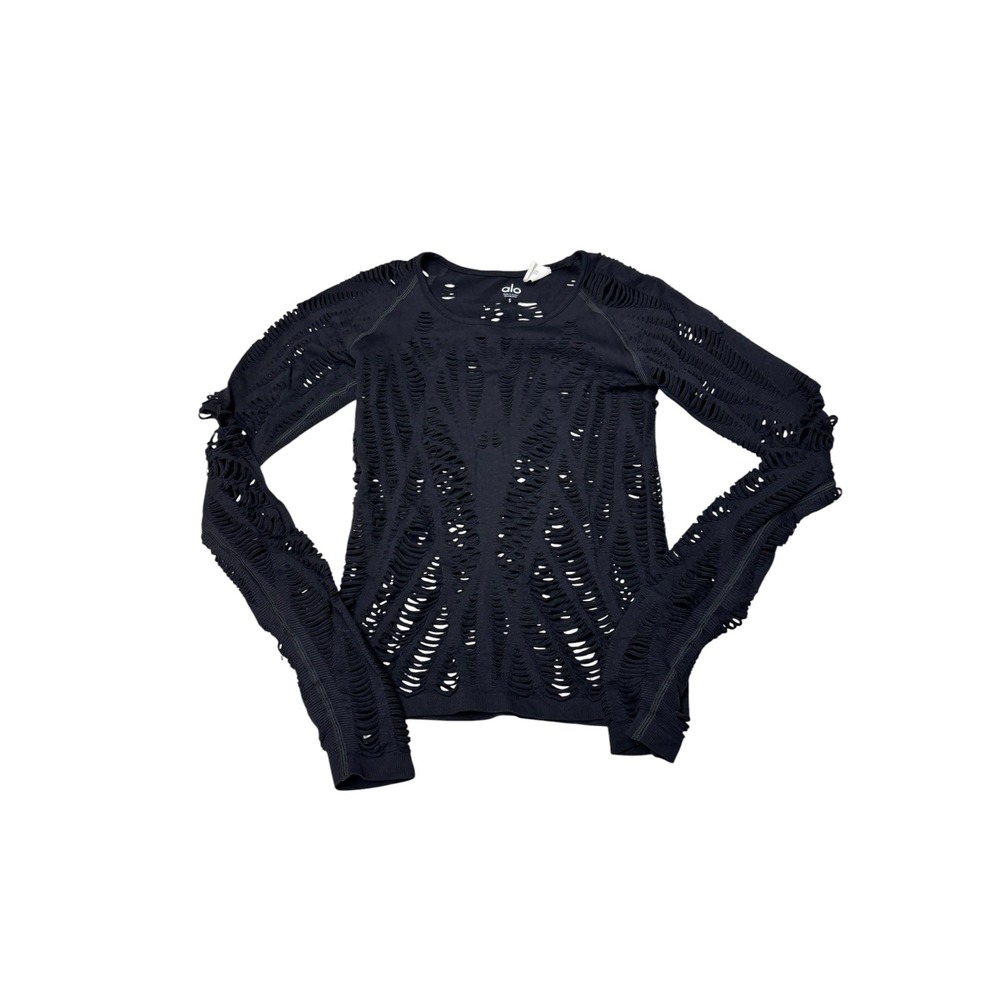 Alo Yoga Black Seamless Distressed Laser Cut Long Sleeve Top Womens Small